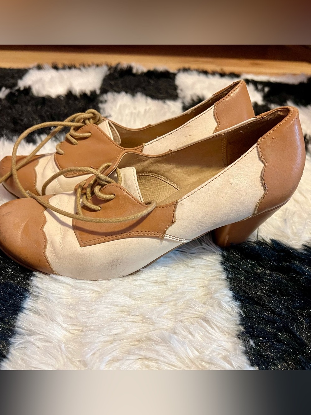 Chelsea Crew Two-Tone Lace-Up Heels in Cream and Tan